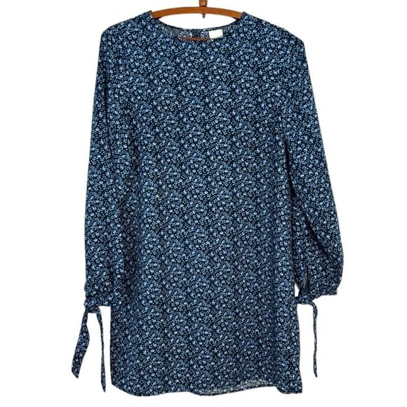 H&M Floral Tunic Shift Dress Long Tie Sleeves Blue Size 4 - Picture 1 of 7